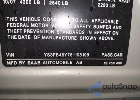 2008 Saab 9-3 2.0T z USA, uszkodzony, nr VIN YS3FB46Y781108199